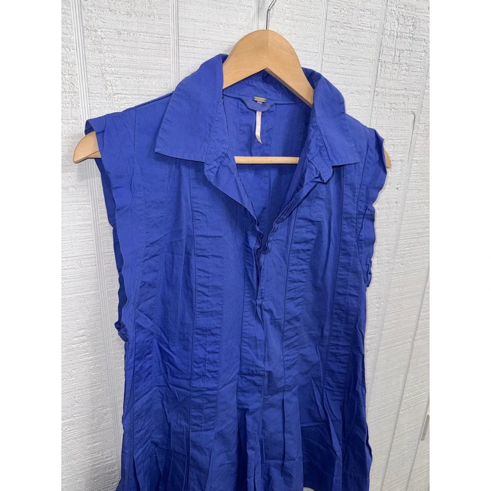 Free People Tunic Top Women Blue Sleeveless Pintuck Pleated Cotton S